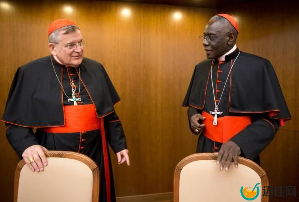 Cardinal Raymond Leo Burke, left, talks with Cardinal Robert Sarah, prefect of the Co<em></em>ngregation for Divine Worship and the Discipline of the Sacraments, as he arrives for the presentation of his book Divine Love Made Flesh, in Rome, Wednesday, Oct. 14, 2015.