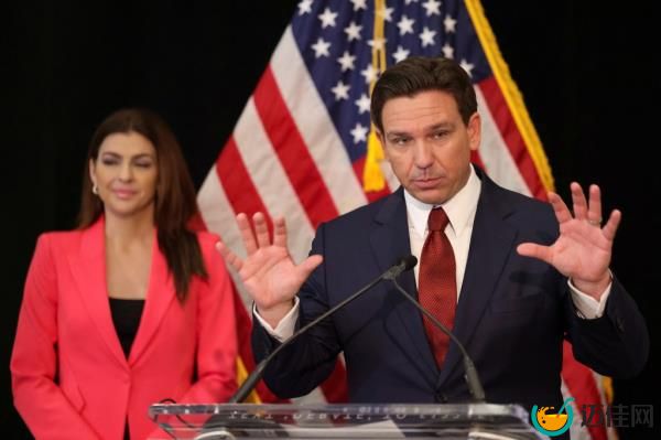 Florida Governor and Republican presidential candidate Ron DeSantis speaks to the media after debating California Governor Gavin Newsom in Alpharetta, Georgia, on Nov. 30, 2023. 