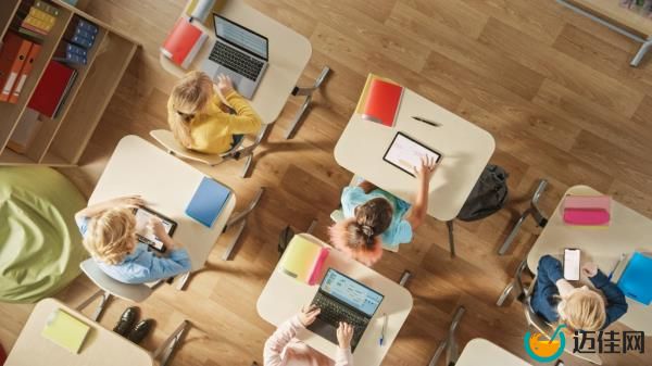 Top view of elementary students at their desks, using computers and tablets for class assignments