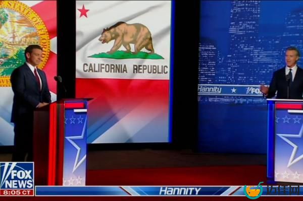 Florida Gov. Ron DeSantis and California Gov. Gavin Newsom are seen during their televised debate on Nov. 30, 2023.
