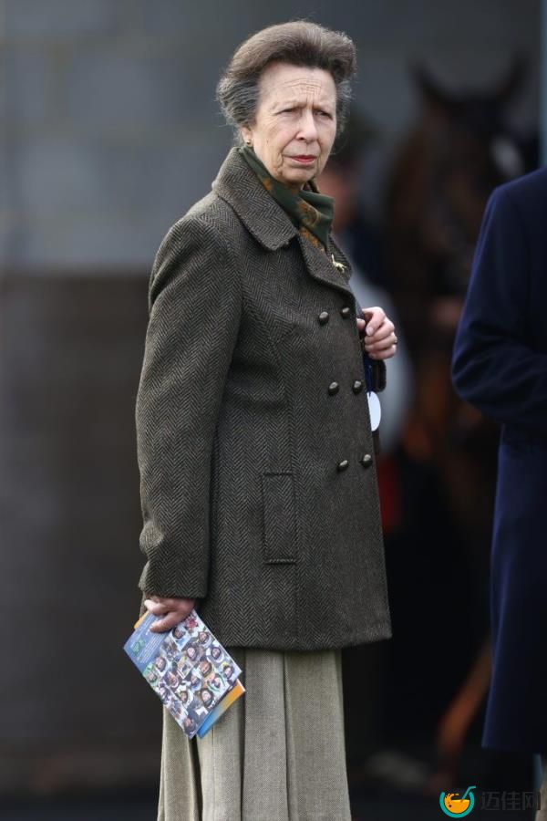 Princess Anne, wearing a coat, looking on ahead of the Injured Jockeys Fund Maiden Hurdle Race at Taunton Racecourse, England.