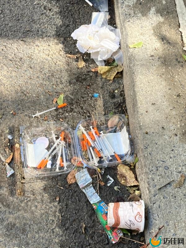 A photo of needles and trash line the curb along Walton Avenue.