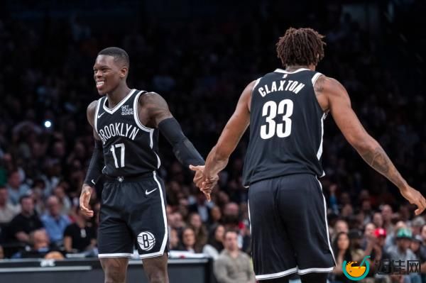  Dennis Schroder (17) celebrates with center Nic Claxton (33) in the second half against the Chicago Bulls at Barclays Center, Friday, Nov. 1, 2024, in Brooklyn, NY. 