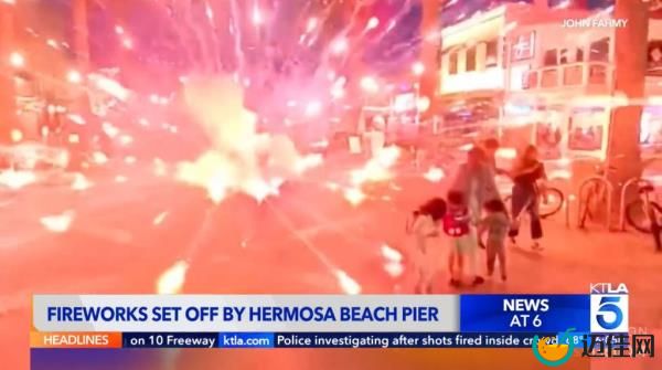Fireworks going off at Hermosa Beach, Calif.