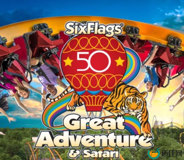 The 50th anniversary poster for Six Flags Great Adventure and Safari features a hot air balloon with a giant 