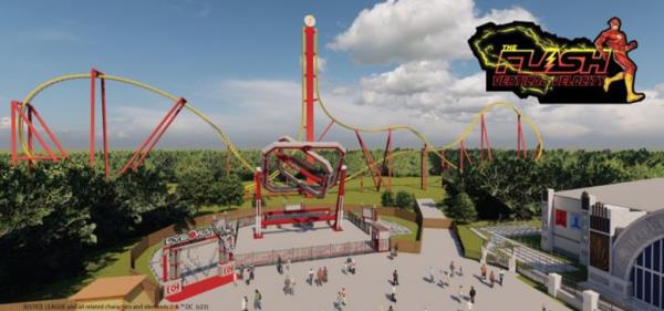 A rendering of the Flash rolller coaster showing the expanse of yellow tracks held up by red supports, with a 185-foot-tall tower in the center.