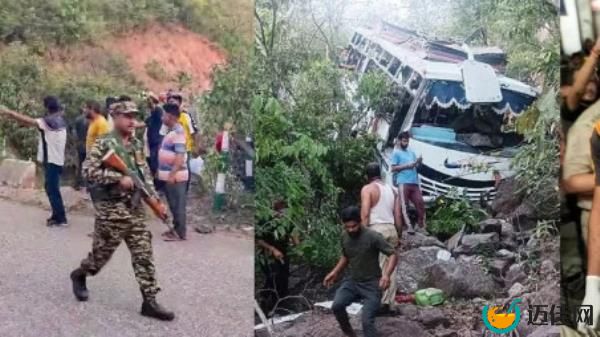 A bus carrying pilgrims loses co<em></em>ntrol and falls into a gorge following the terror attack, in Reasi on Sunday. Photo: ANI