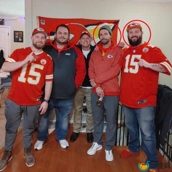 Group of people posing for a photo: David Harrington, Clayton McGeeney, Ricky Johnson, and two unidentified Chiefs fans.