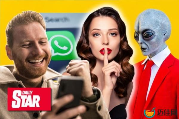 A man laughing at his phone, a sassy womanm the whatsapp logo and an alien in a suit.