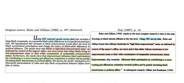 Writing with highlighting, showing that Gay plagiarized
