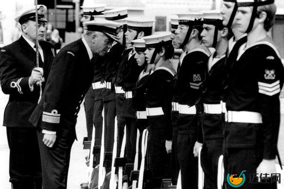Commodore Guy Griffiths inspecting young navy ratings in 1979.