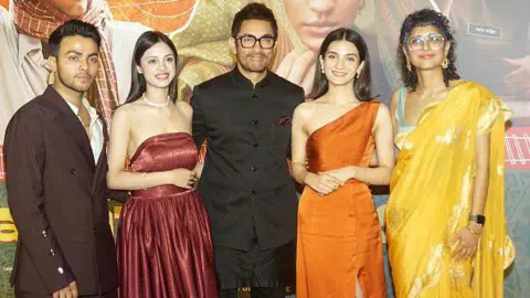 Getty Images Sparsh Shrivastava, Nitanshi Goel, Aamir Khan, Pratibha Ranta and Kiran Rao attend the screening of film 