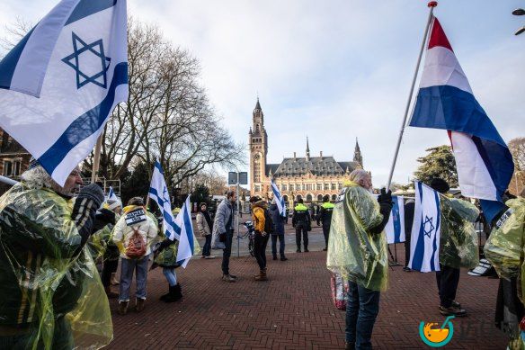 Pro-Israel demo<em></em>nstrators march towards the ICJ in The Hague, Netherlands.